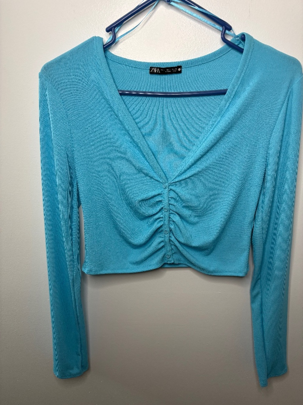 Zara Ruched Blue Crop Cardigan Size S